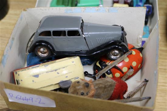 Various pre-war Dinky cars, tinplate toys, two mickey mouse felt toys, boxed street gas lamp etc